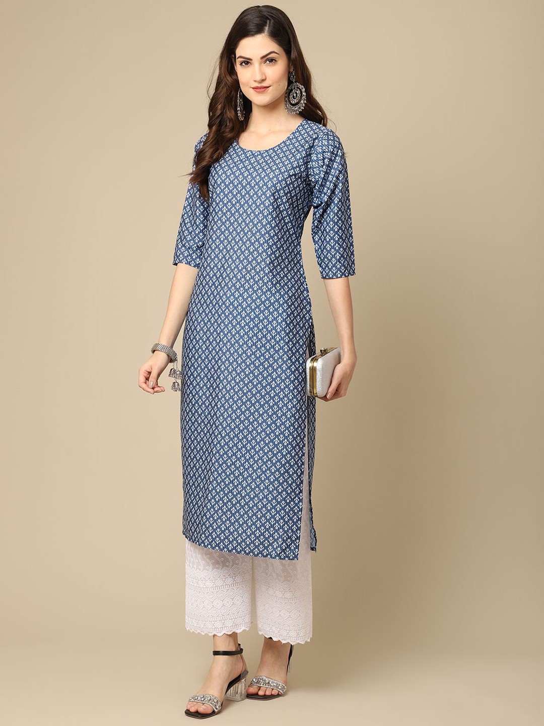

7Threads Floral Printed Straight Kurta, Blue