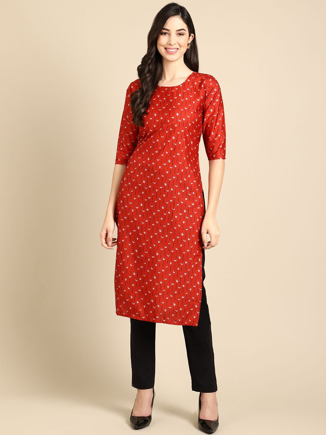 

7Threads Women Ethnic Motifs Printed Thread Work Floral Crepe Kurta, Red