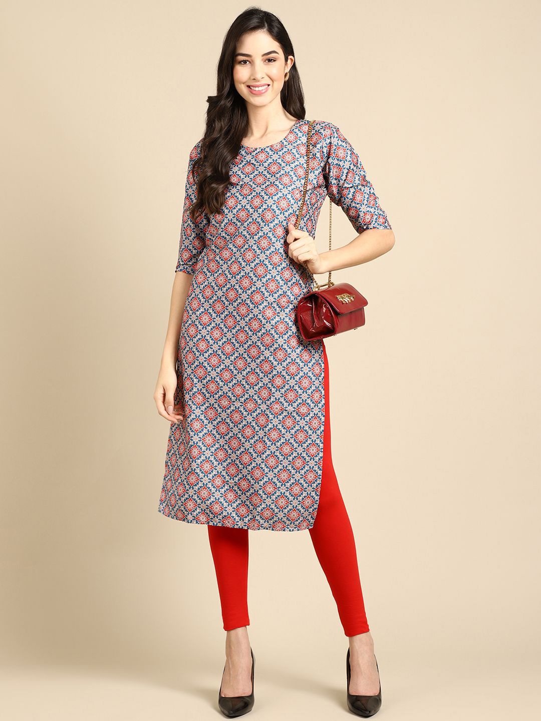 

7Threads Floral Printed Round Neck Straight Kurta, Blue