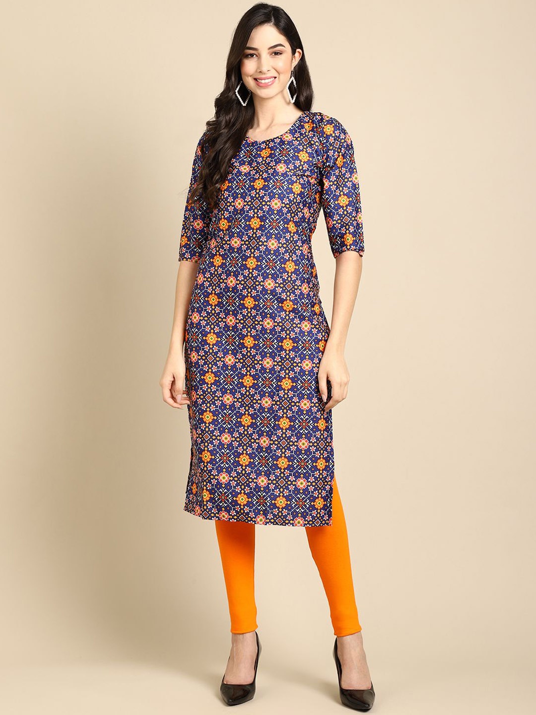 

7Threads Ethnic Motifs Printed Straight Kurta, Blue