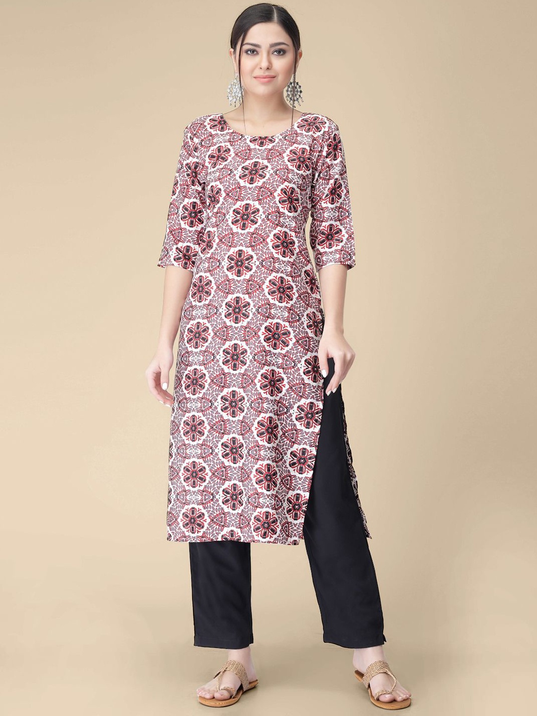 

7Threads Floral Printed Round Neck Crepe Straight Kurta, Pink