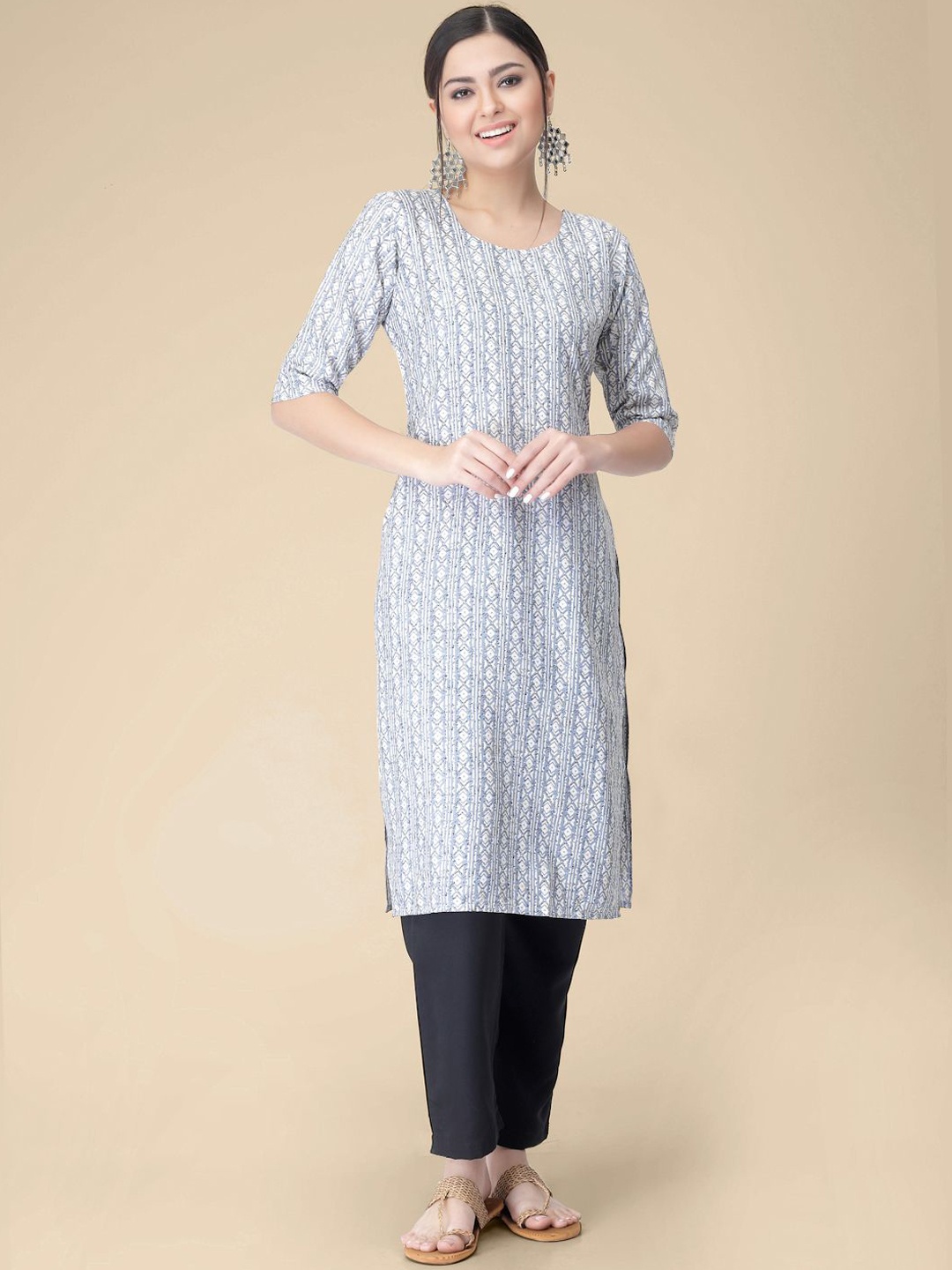 7Threads Geometric Printed Kurta, Grey