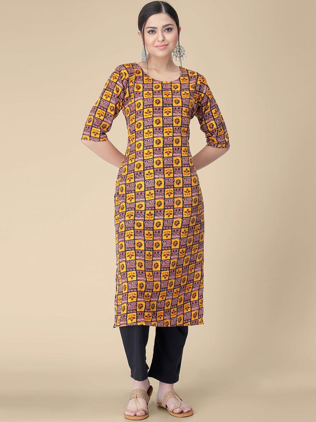 

7Threads Geometric Printed Round Neck Crepe Straight Kurta, Yellow
