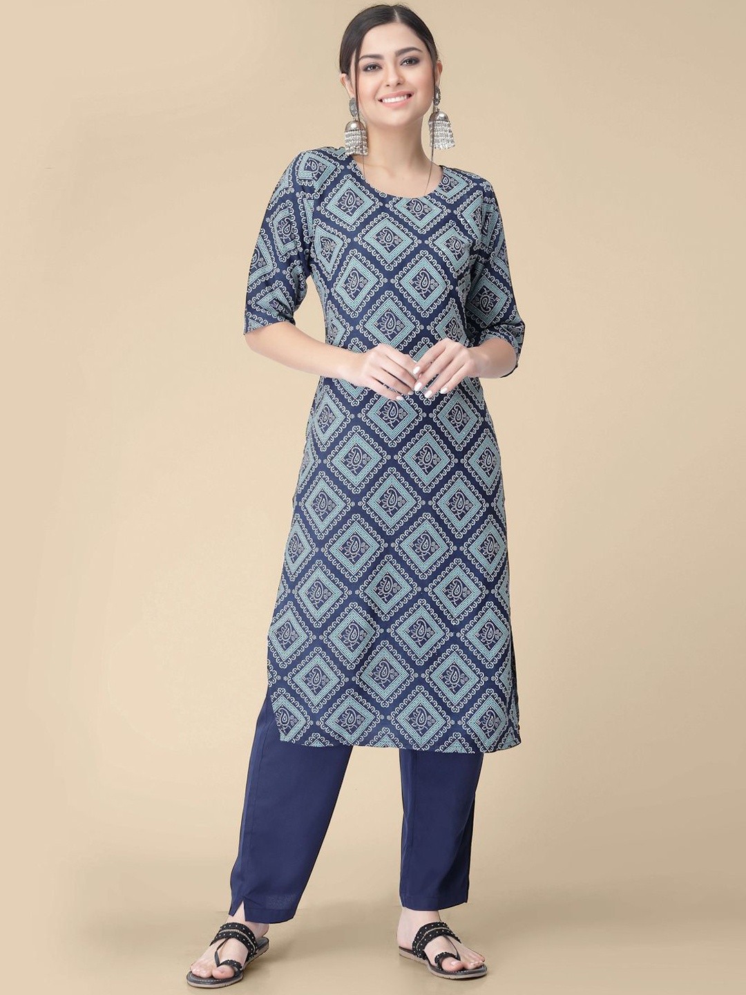 

7Threads Paisley Printed Round Neck Crepe Straight Kurtas, Blue
