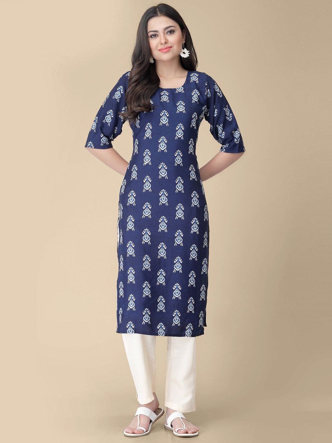 

7Threads Ethnic Motifs Printed Straight Kurta, Blue