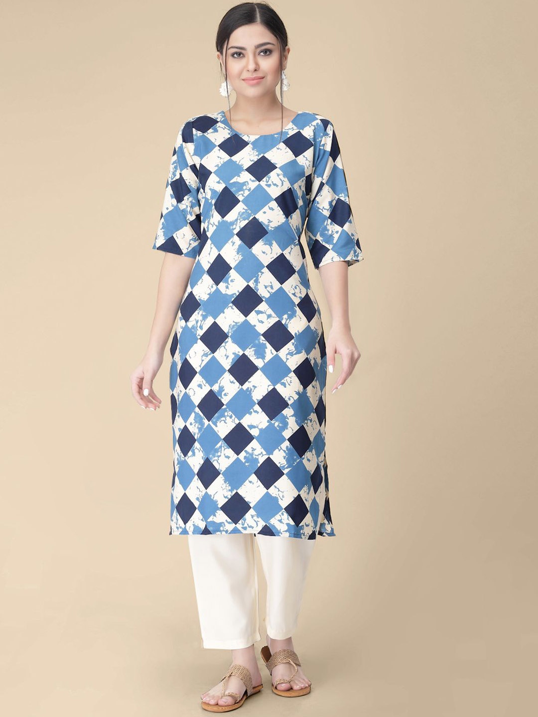 

7Threads Geometric Printed Round Neck Straight Kurta, Beige