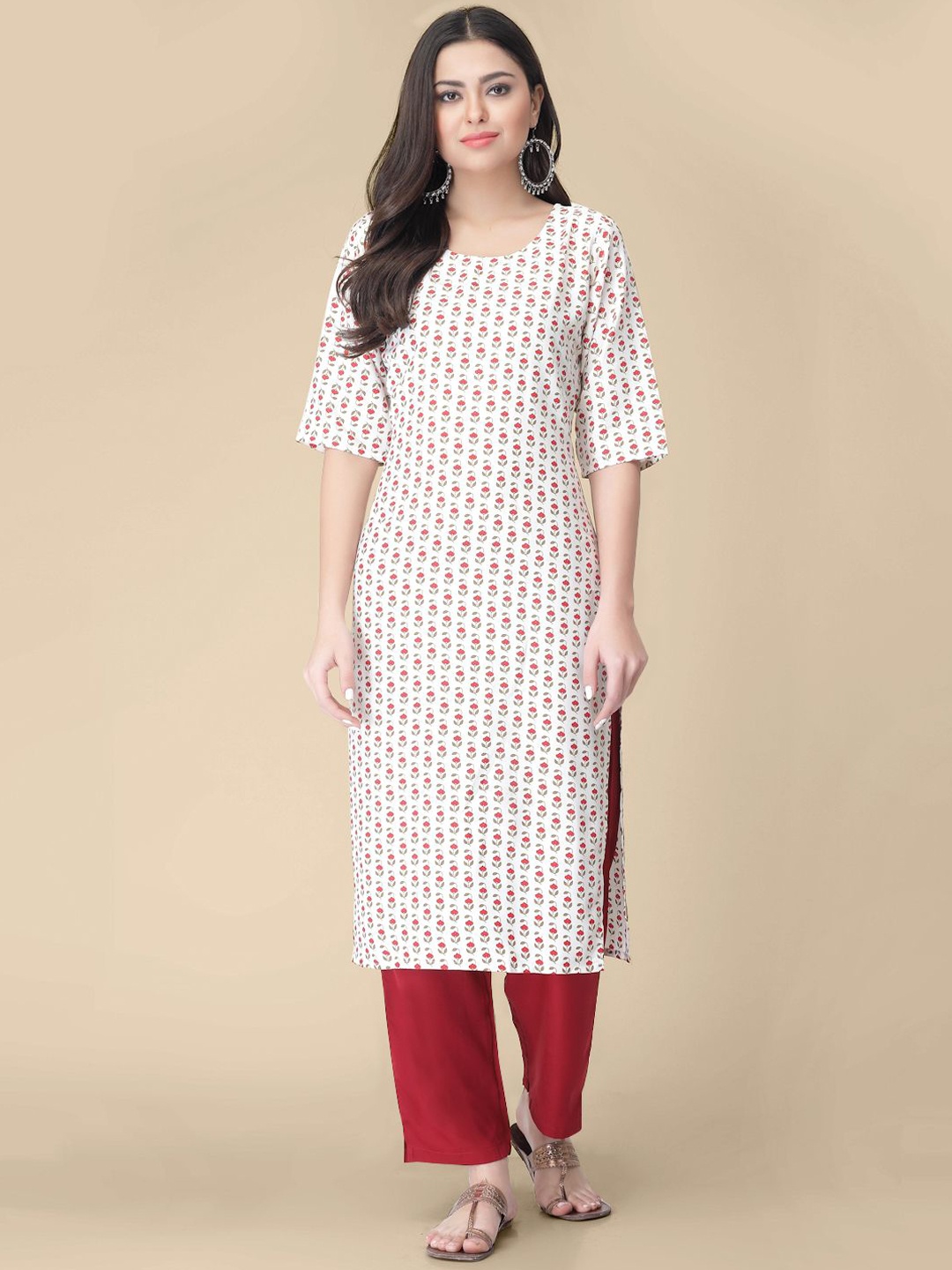 

7Threads Floral Printed Straight Kurta, White