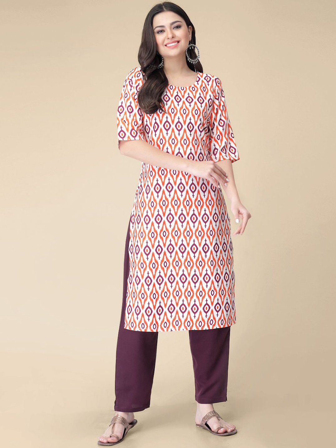 

7Threads Geometric Printed Round Neck Crepe Straight Kurta, White