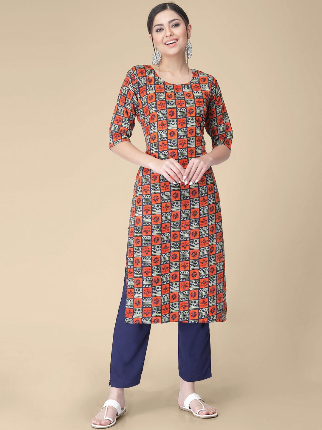 

7Threads Ethnic Motifs Printed Round Neck Straight Kurta, Orange