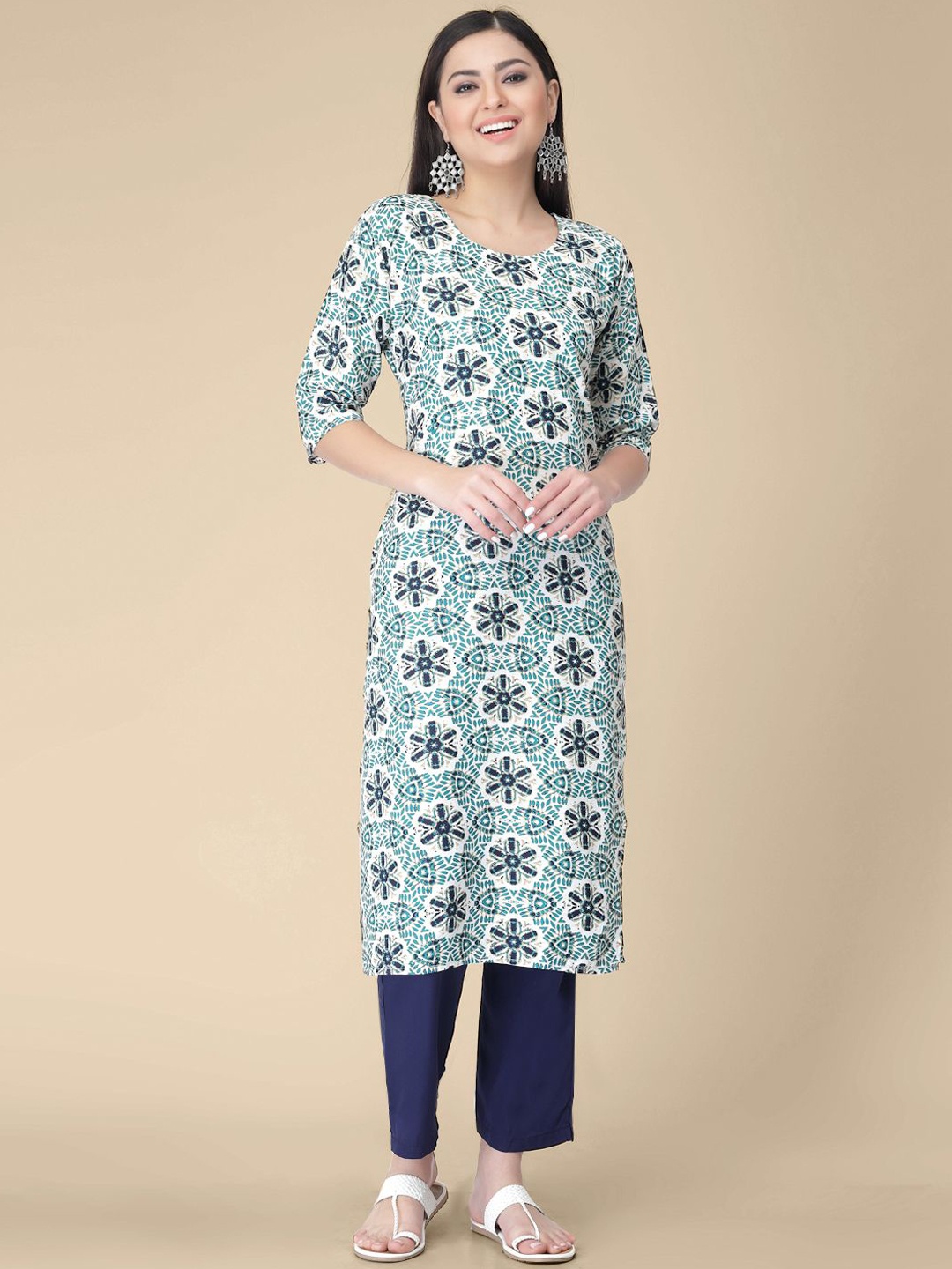 

7Threads Ethnic Motifs Printed Round Neck Crepe Straight Kurta, Teal