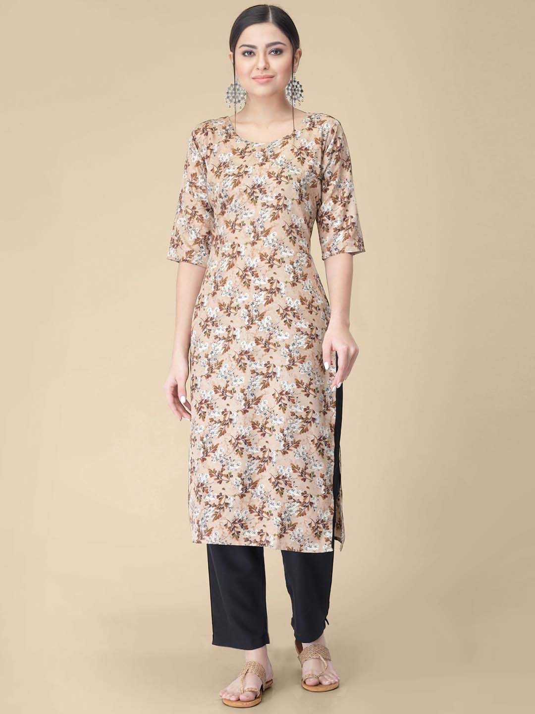 

7Threads Floral Printed Round Neck Regular Sleeves Machine Weave Straight Kurta, Beige