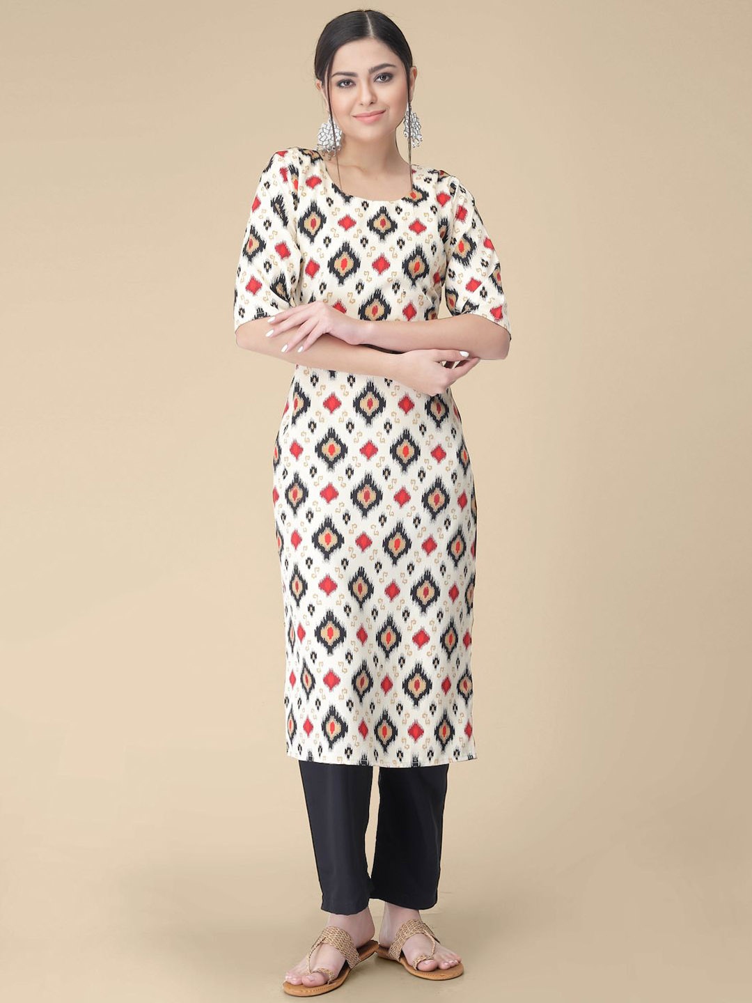

7Threads Women Ethnic Motifs Printed Sequinned Floral Crepe Kurta, Cream