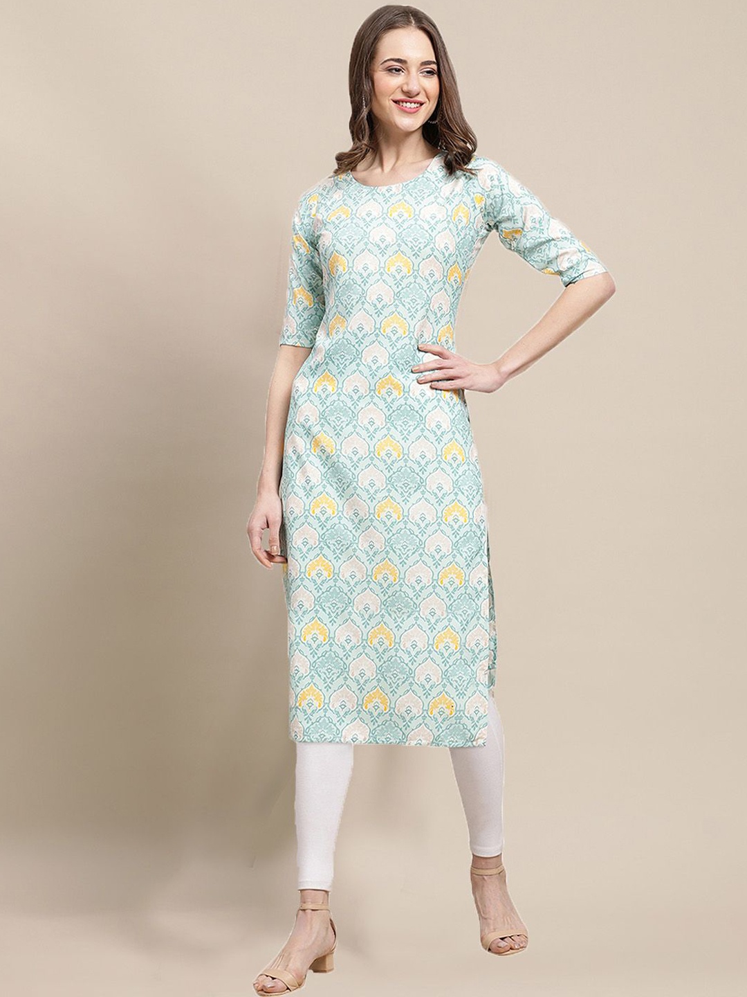 

7Threads Ethnic Motifs Printed Straight Kurta, Blue