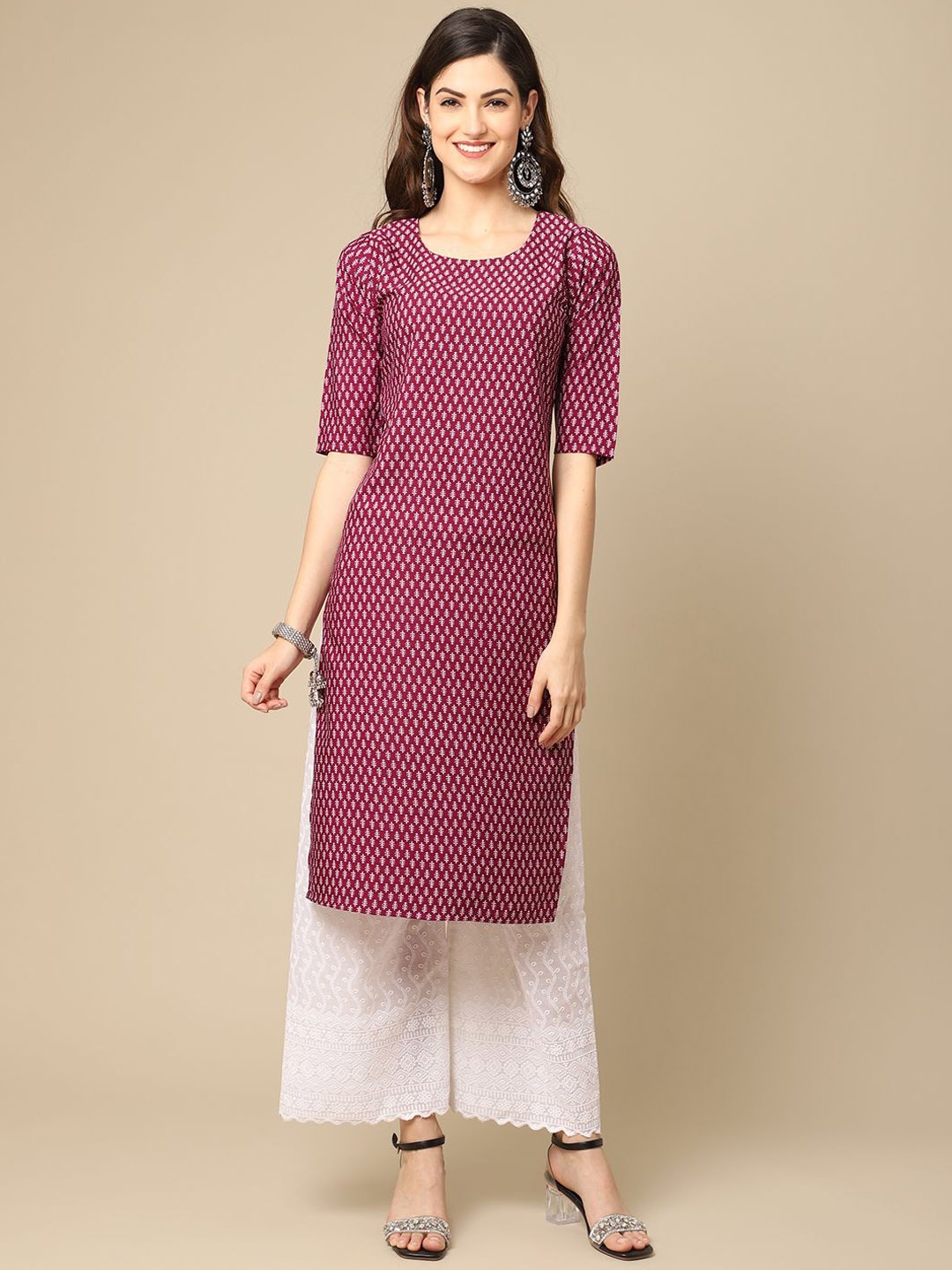 

7Threads Ethnic Motifs Printed Round Neck Straight Kurta, Purple