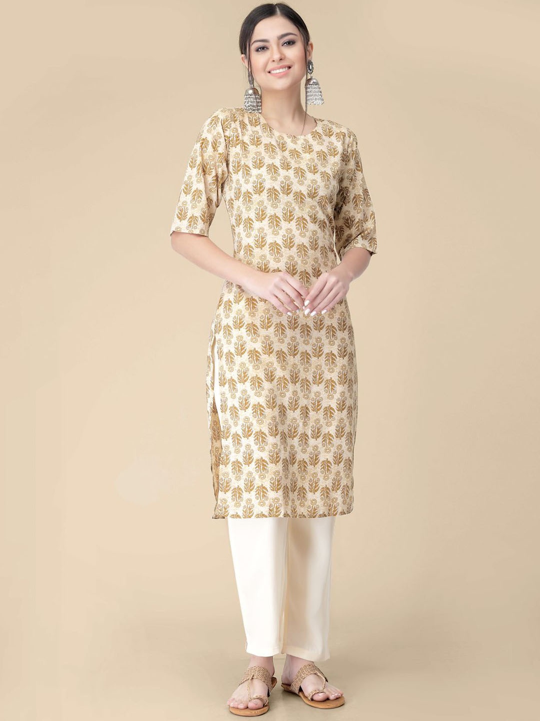 

7Threads Floral Printed Round Neck Crepe Straight Kurta, Beige