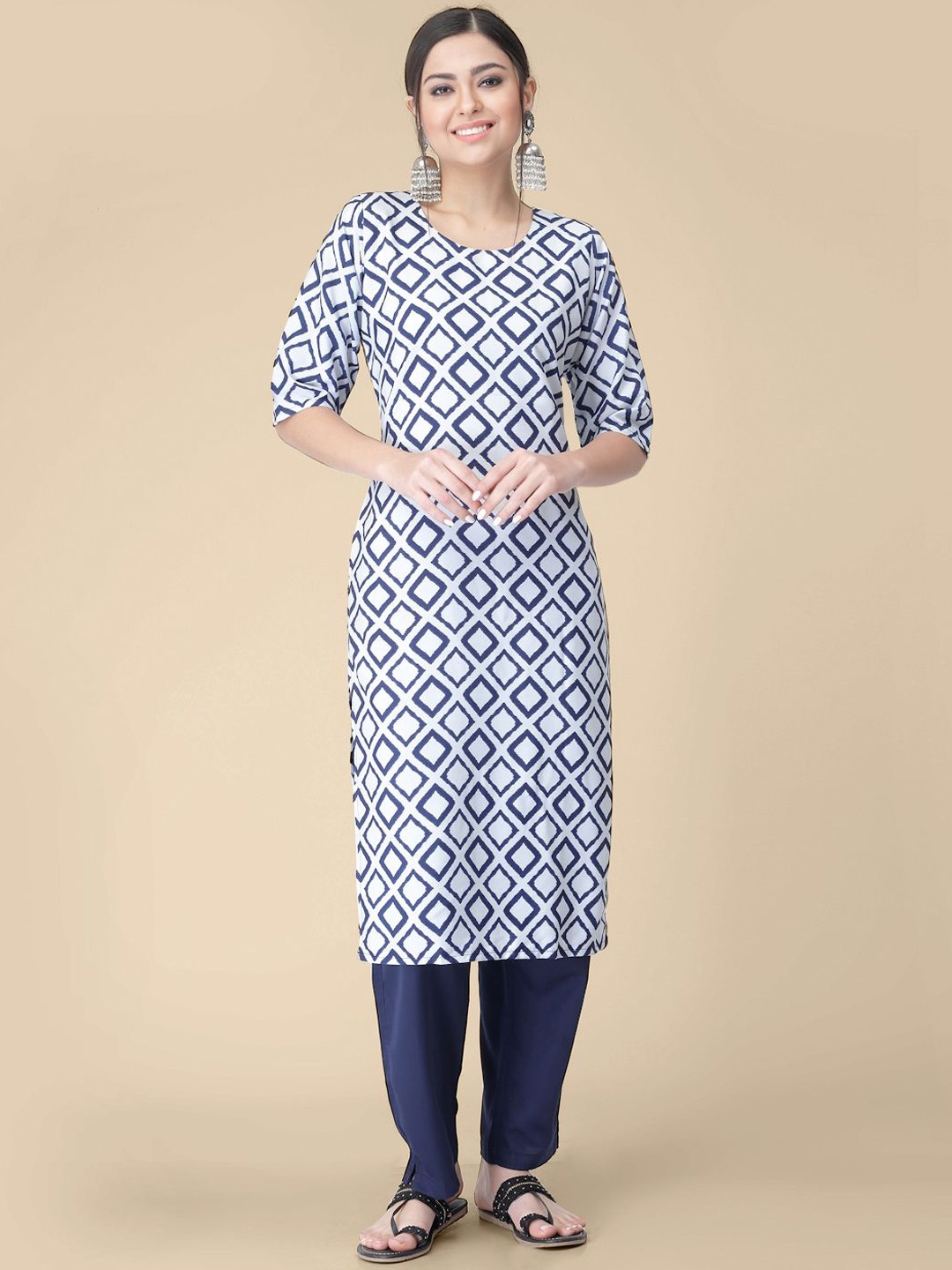 

7Threads Geometric Printed Crepe Straight Kurta, Blue
