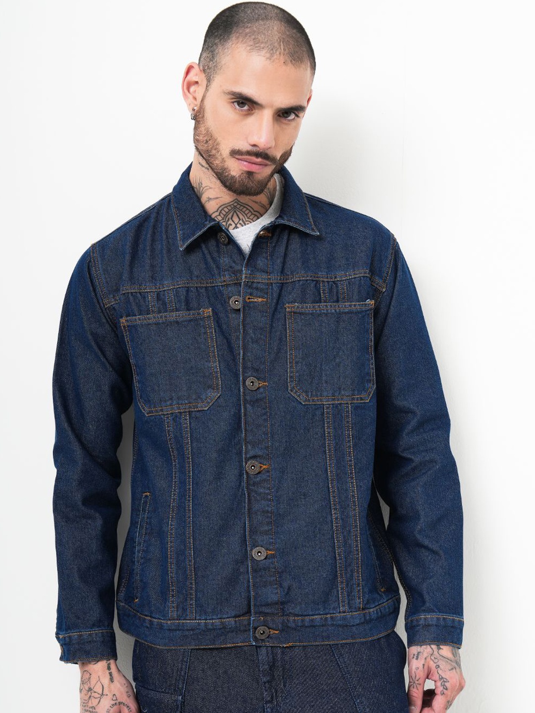 

PAUL STREET Men Spread Collar Solid Casual Denim Lightweight Jacket, Navy blue