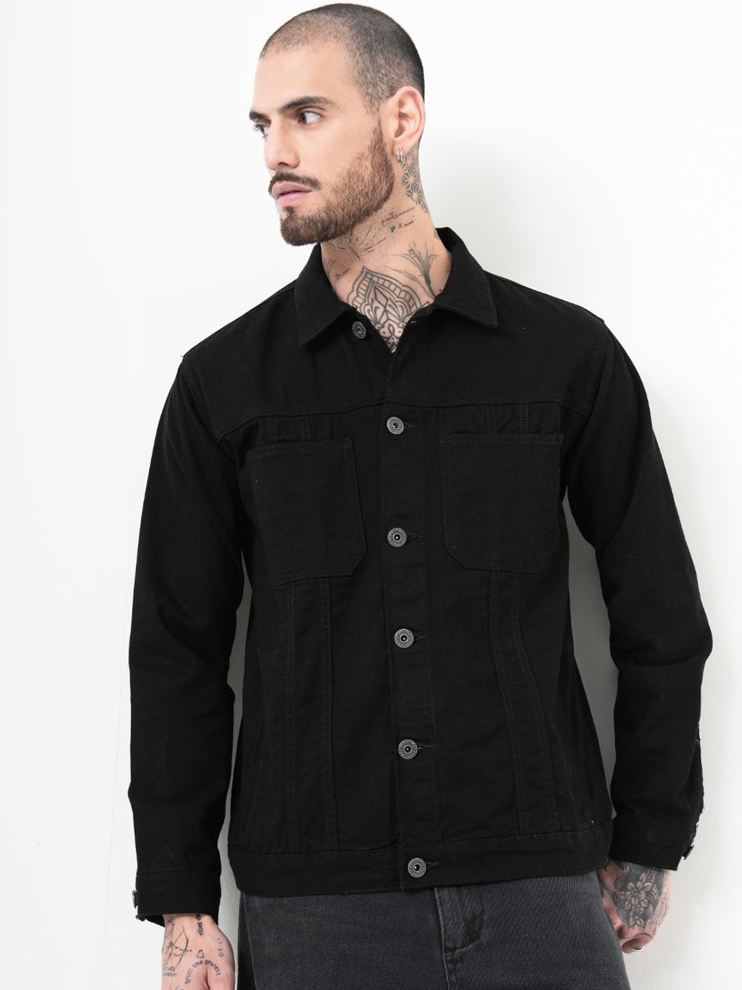 

PAUL STREET Men Spread Collar Solid Casual Denim Lightweight Jacket, Black