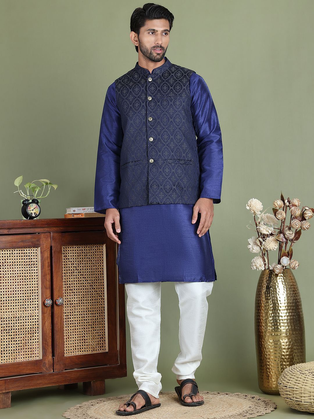 

Jompers Mandarin Collar Straight Cotton Silk Kurta With Churidar And Nehru Jacket, Navy blue