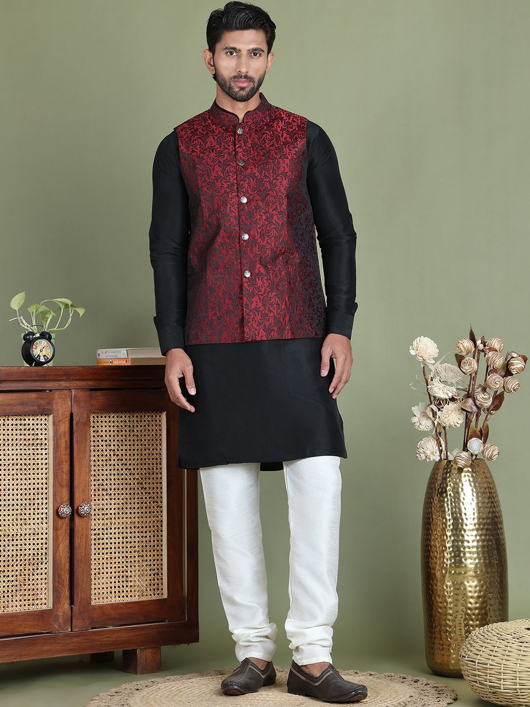 

Jompers Mandarin Collar Straight Cotton Silk Kurta With Churidar And Nehru Jacket, Black