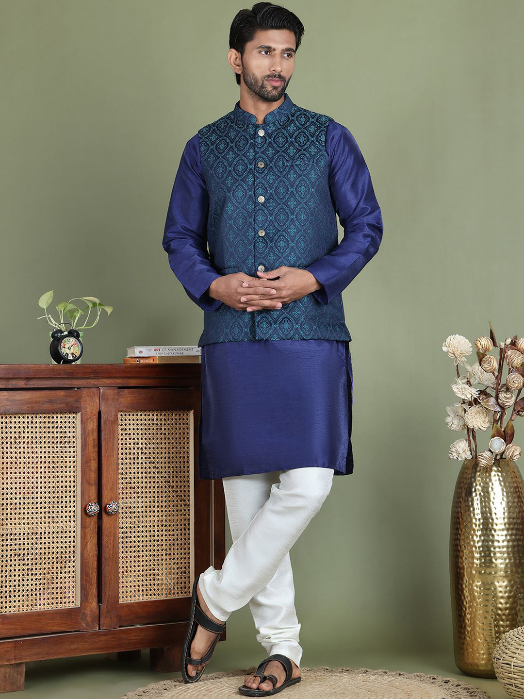 

Jompers Mandarin Collar Straight Cotton Silk Kurta With Churidar And Nehru Jacket, Navy blue