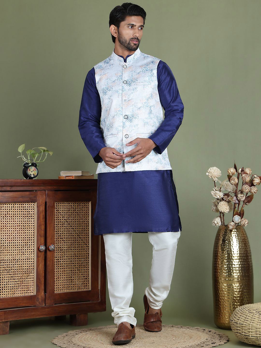 

Jompers Mandarin Collar Straight Dupion Silk Kurta With Churidar And Nehru Jacket, White