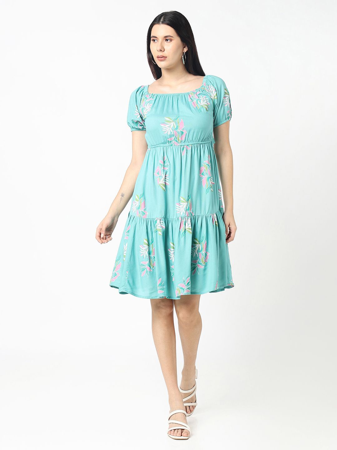 

R&B Floral Printed Tiered Fit and Flare Dress, Blue