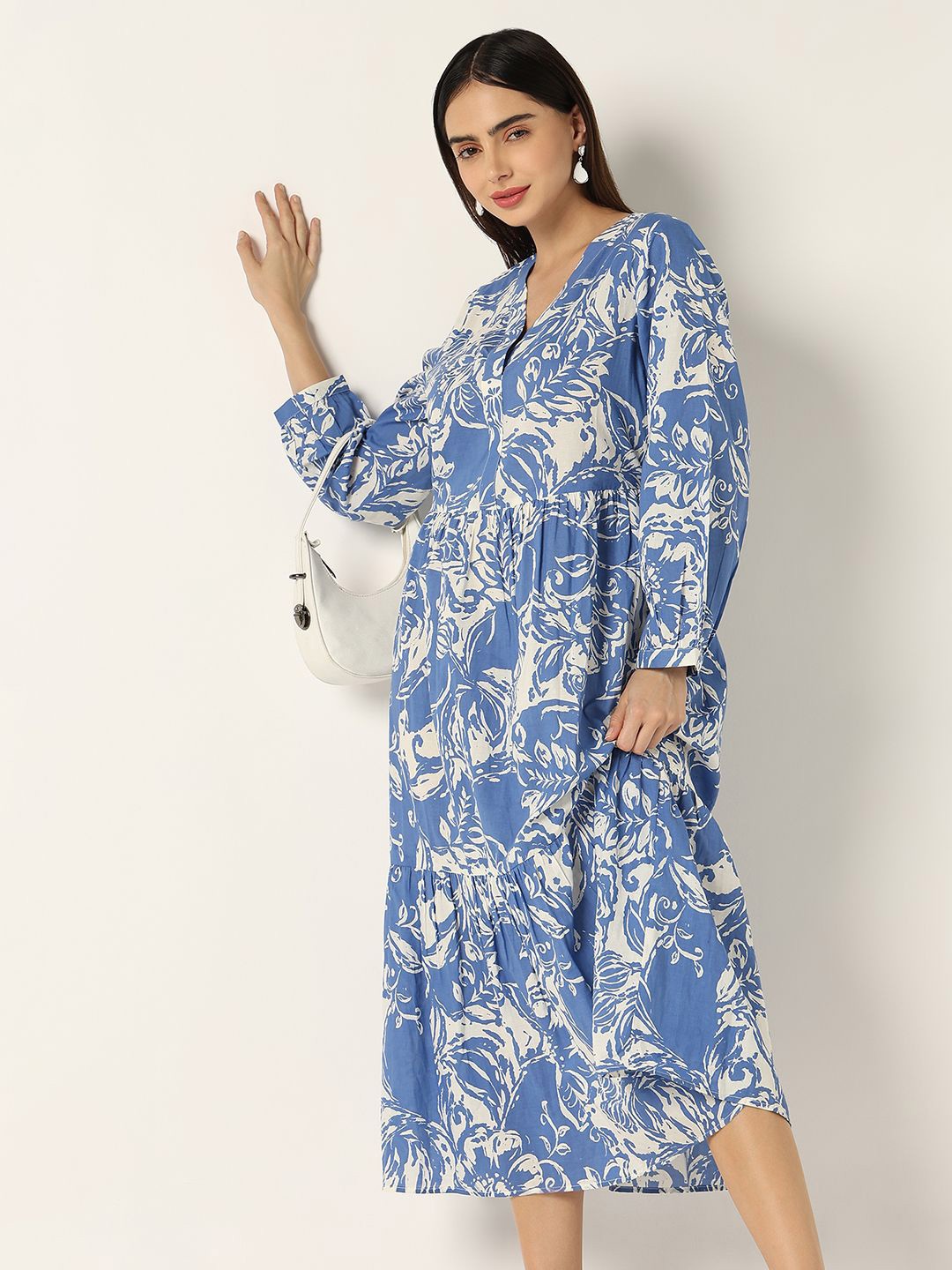 

R&B Floral Printed A-Line Cotton Midi Dress, Blue
