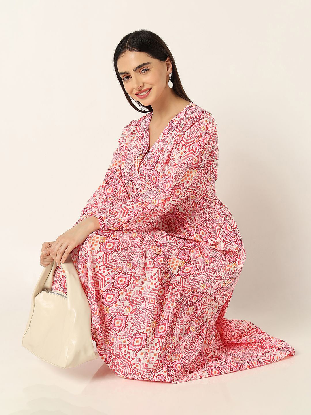 

R&B Ethnic Motifs Printed Fit & Flare Cotton Midi Dress, Pink