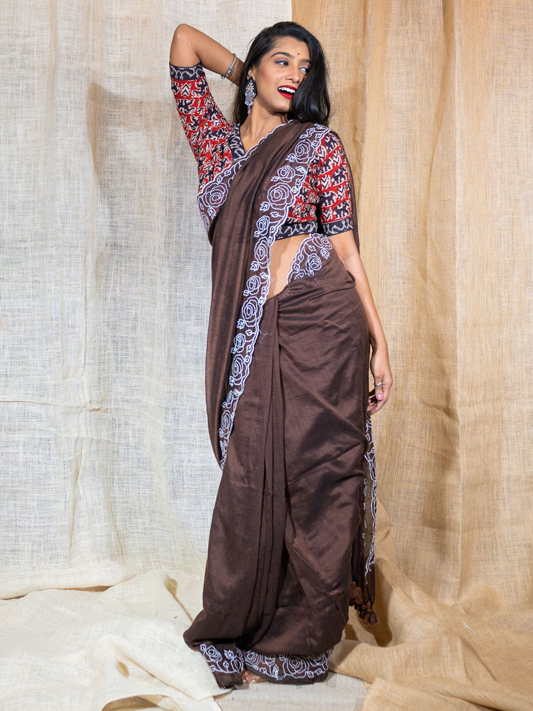 

Uttariya Embroidered Festive Saree, Coffee brown