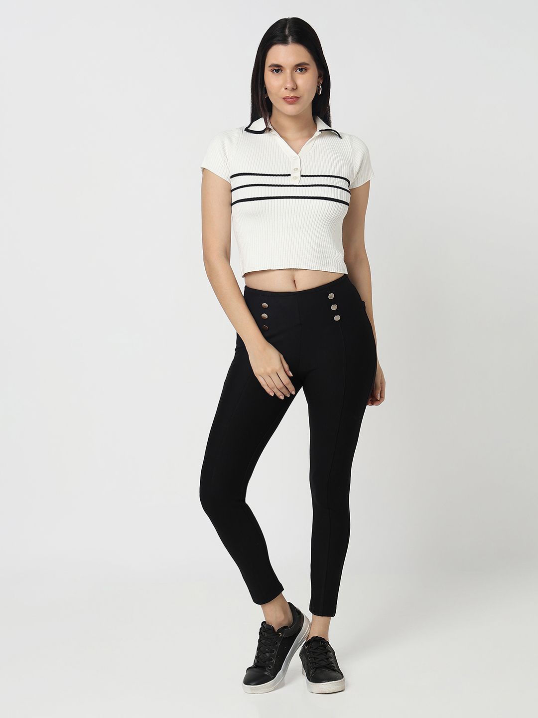 

R&B Women Striped Shirt Style Crop Top, White