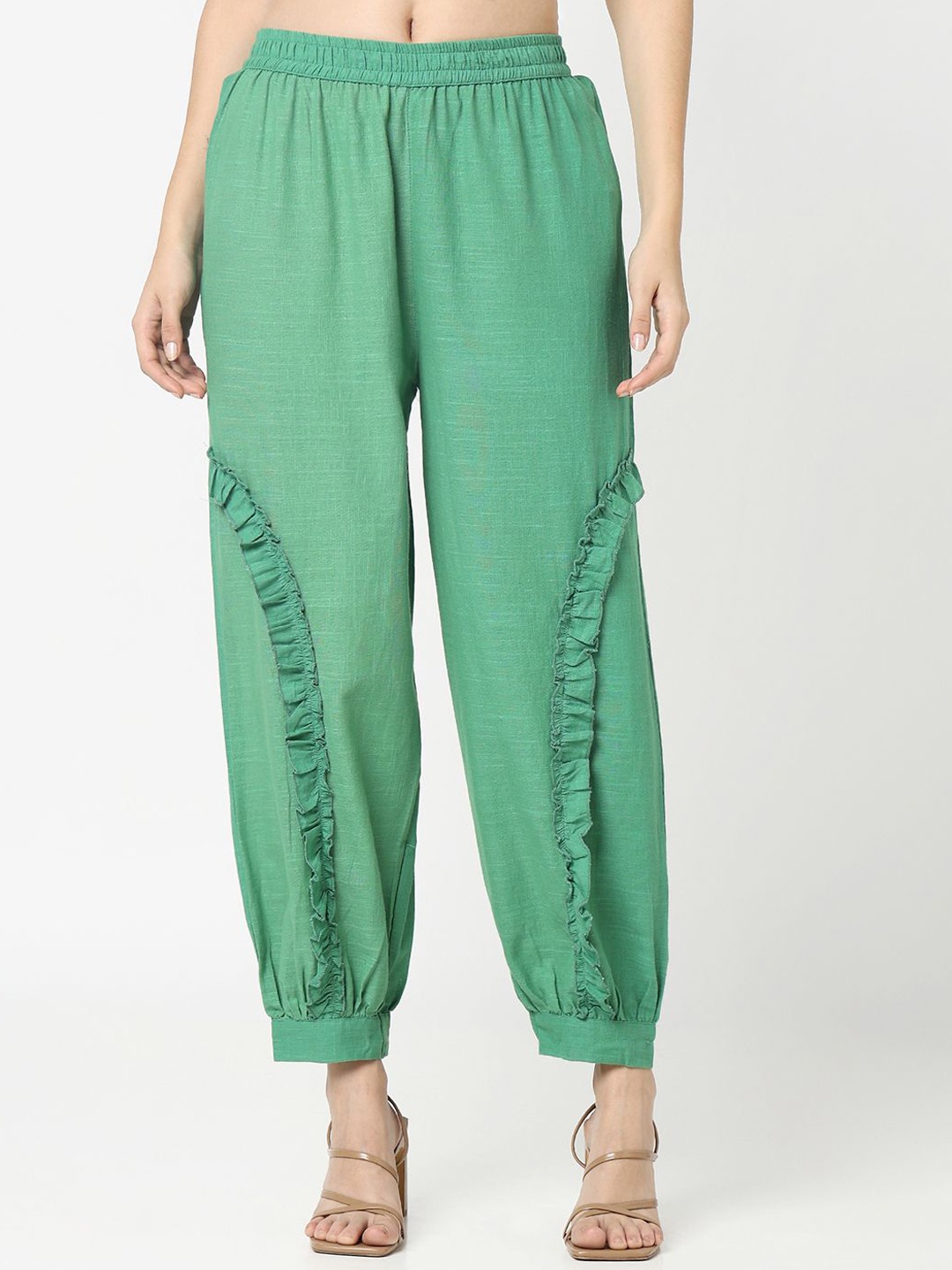 

R&B Women Relaxed Fit Mid-Rise Cotton Joggers Trouser, Green