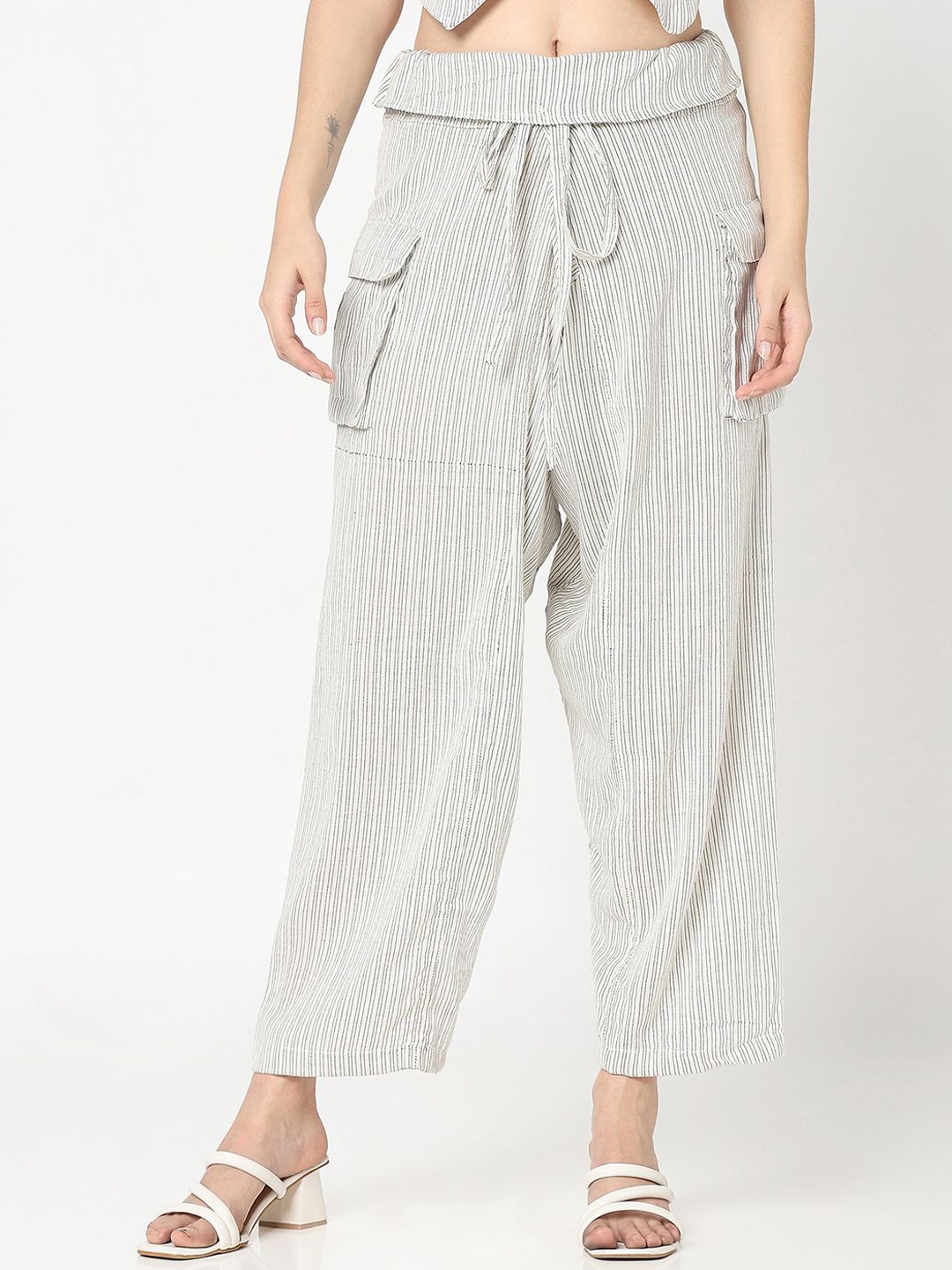 

R&B Women Striped Relaxed Fit Mid-Rise Cotton Trousers, White