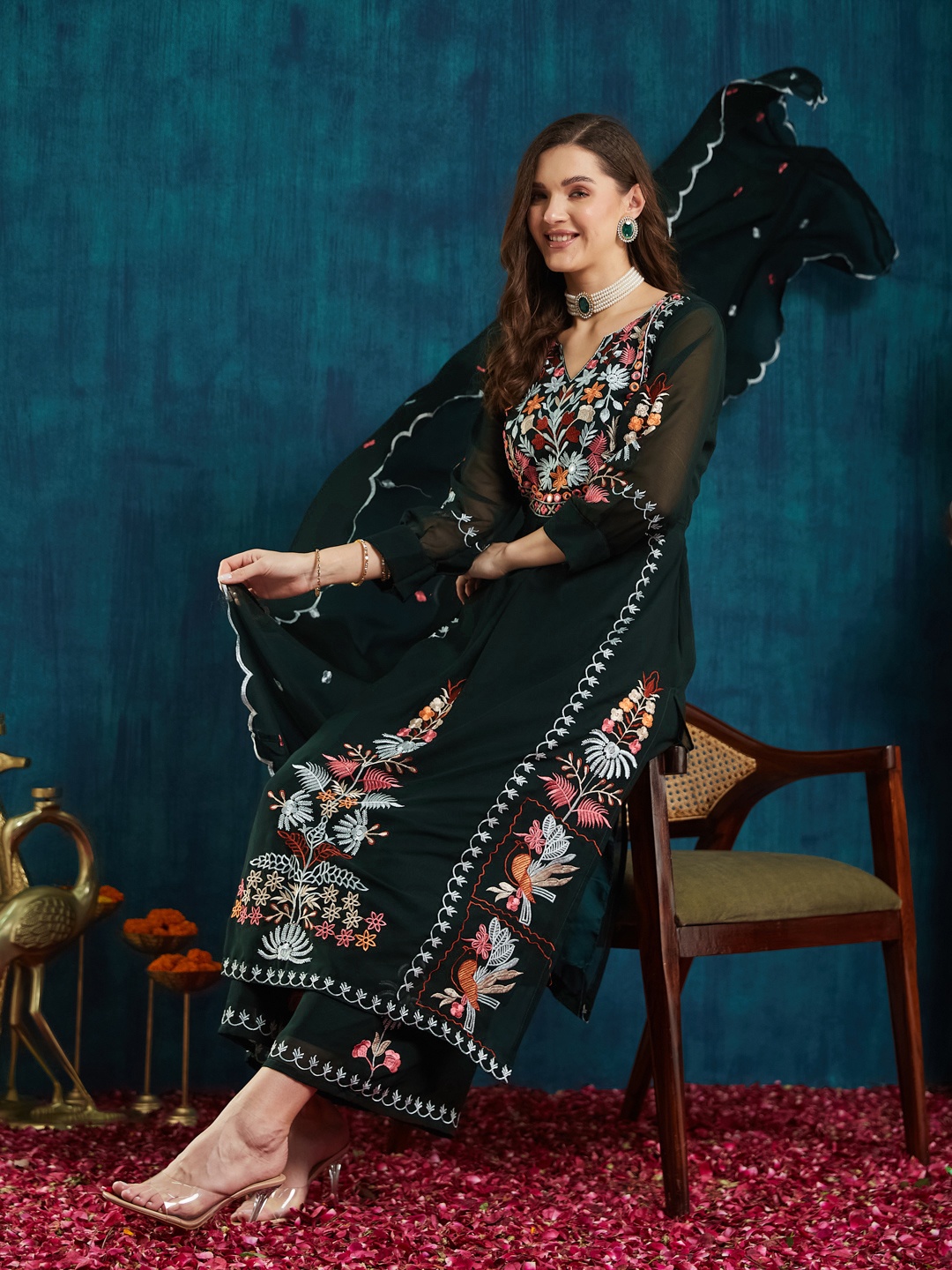 

RAJGRANTH Floral Embroidered Mirror Work A-Line Kurta With Palazzos And Dupatta, Green