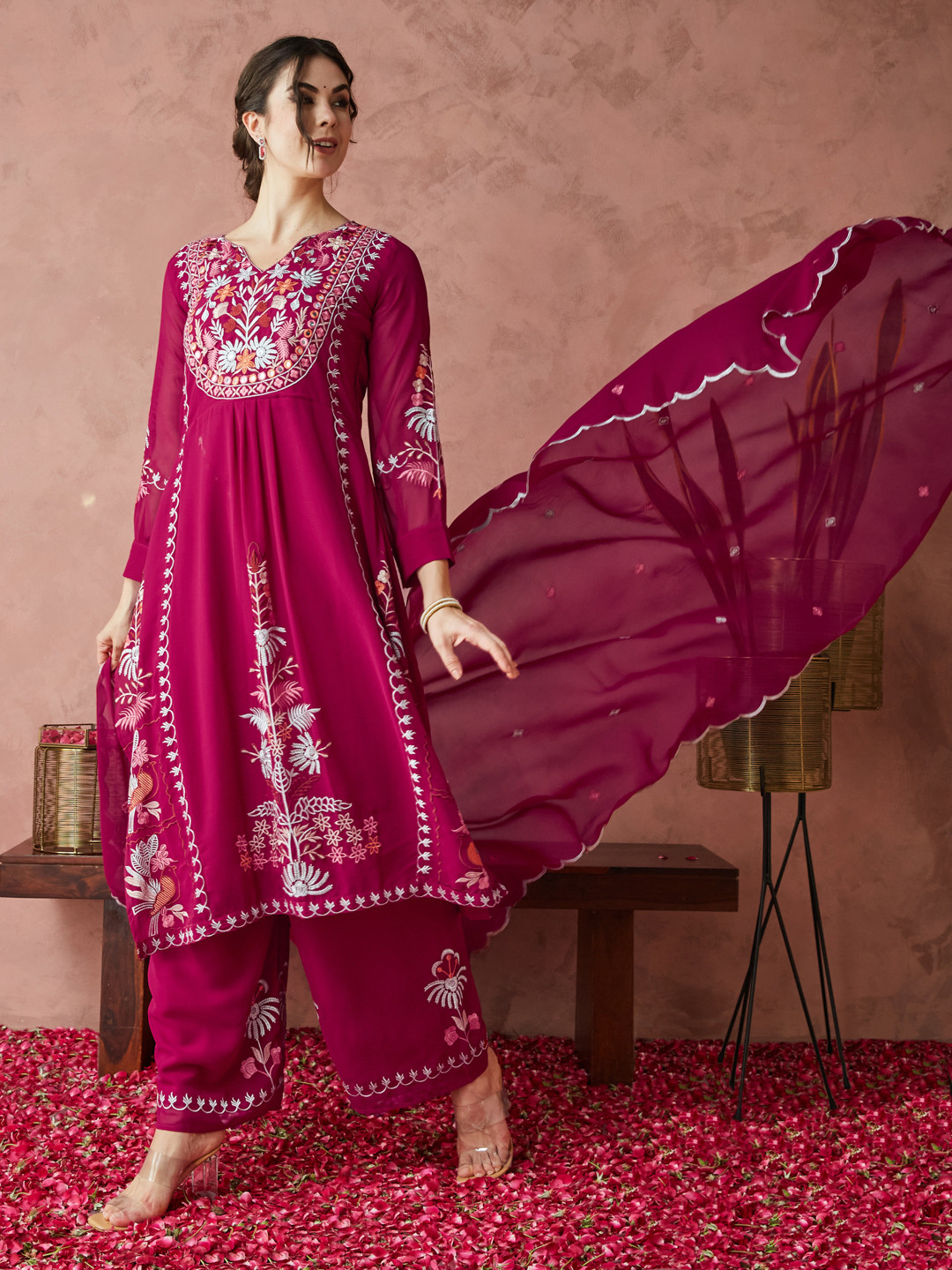

RAJGRANTH Floral Embroidered Empire Pure Georgette A-Line Kurta with Palazzos & Dupatta, Rose
