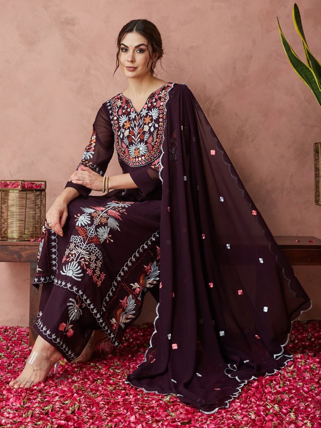 

RAJGRANTH Floral Embroidered Pure Georgette Straight Kurta with Palazzos & Dupatta, Burgundy