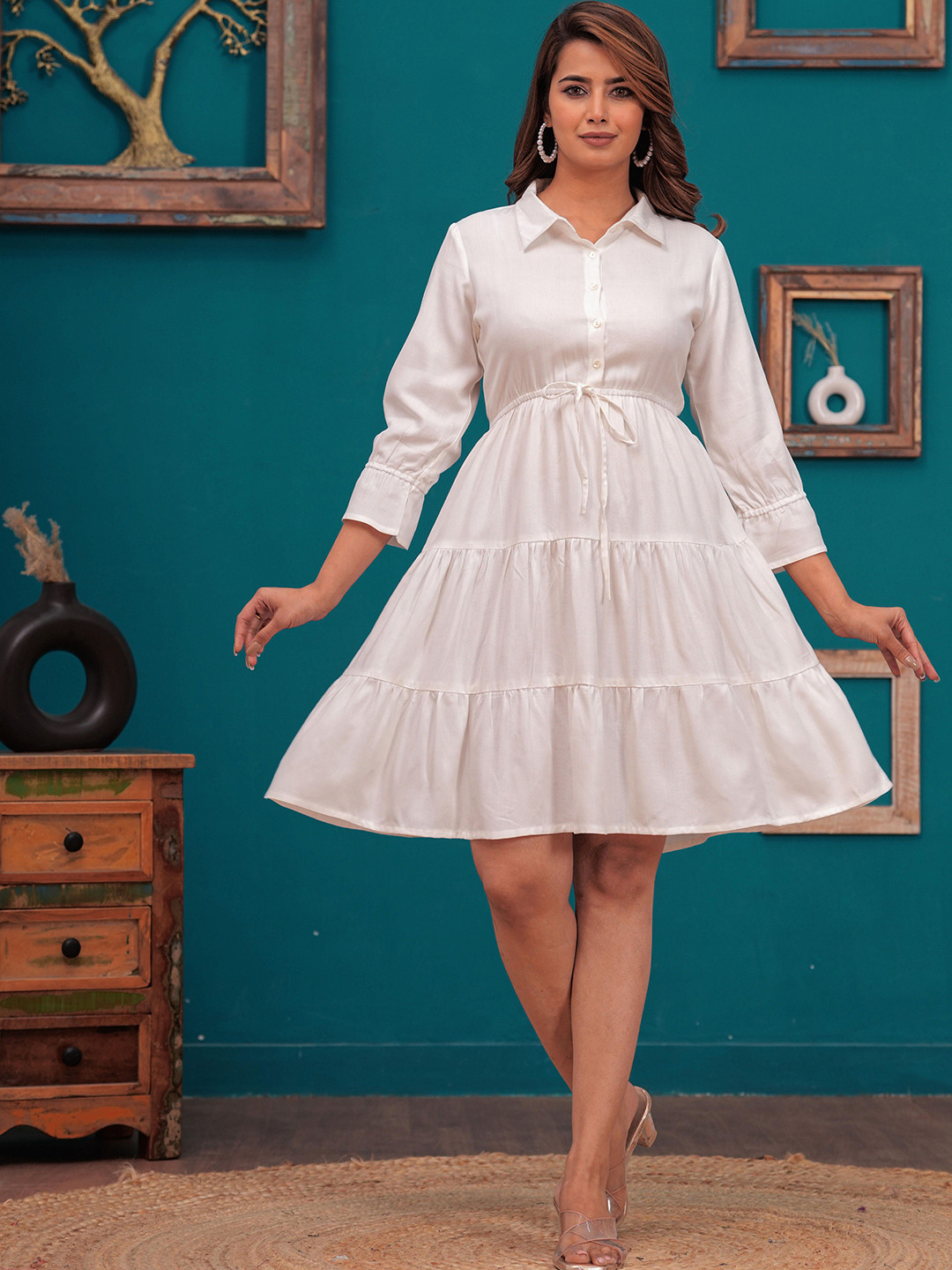 

NNAVDHA Women Shirt Collar Fit & Flare Dress, White