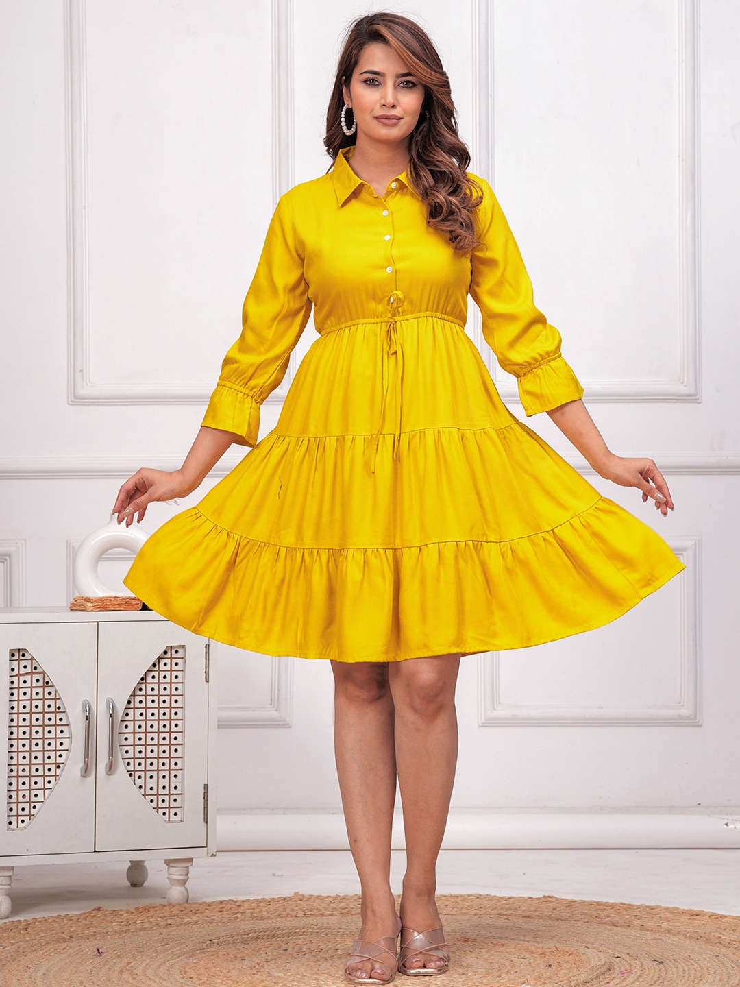 

NNAVDHA Shirt Collar Tiered Fit & Flare Dress, Yellow