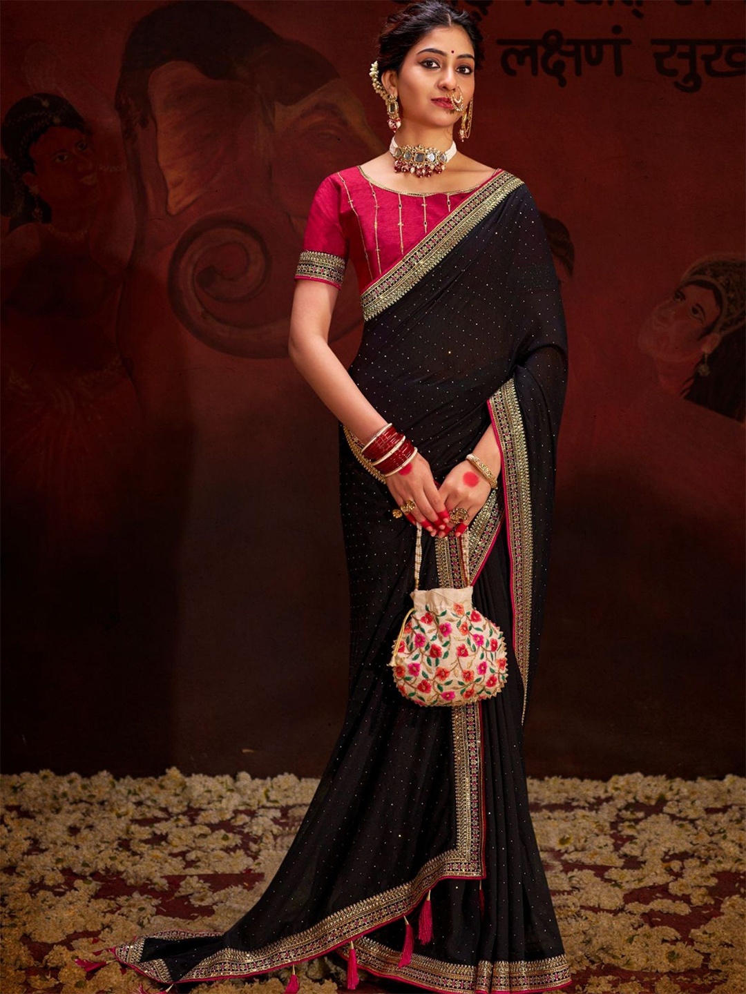 

TRENDOYE Beads and Stones Silk Blend Saree, Black