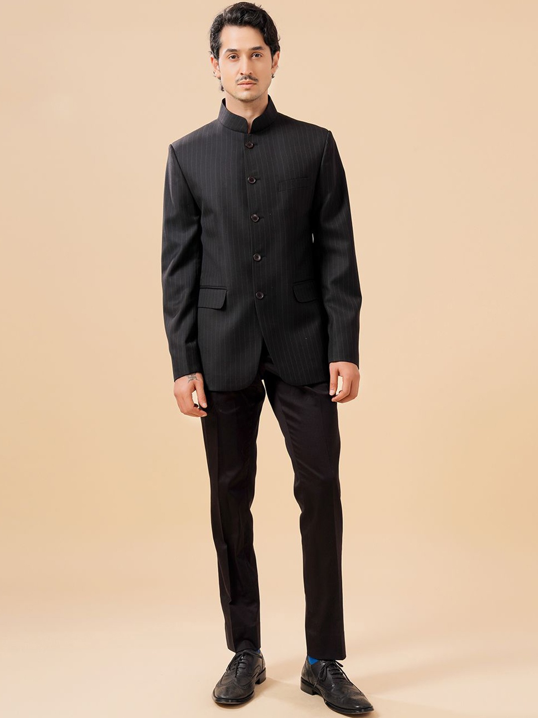 

RR Blue Men Mandarin Collar Striped Cotton Casual Tailored Jacket, Black