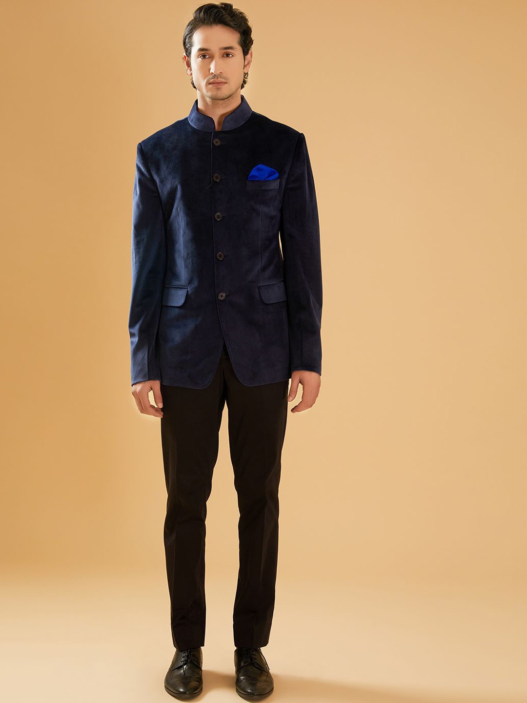 

RR Blue Men Mandarin Collar Solid Casual Tailored Jacket, Navy blue