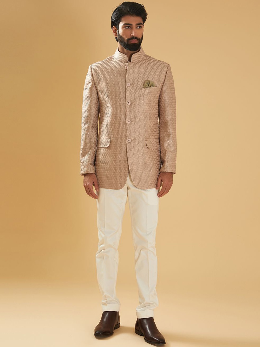 

RR Blue Men Self Design Mandarin Collar Tailored Jacket, Beige