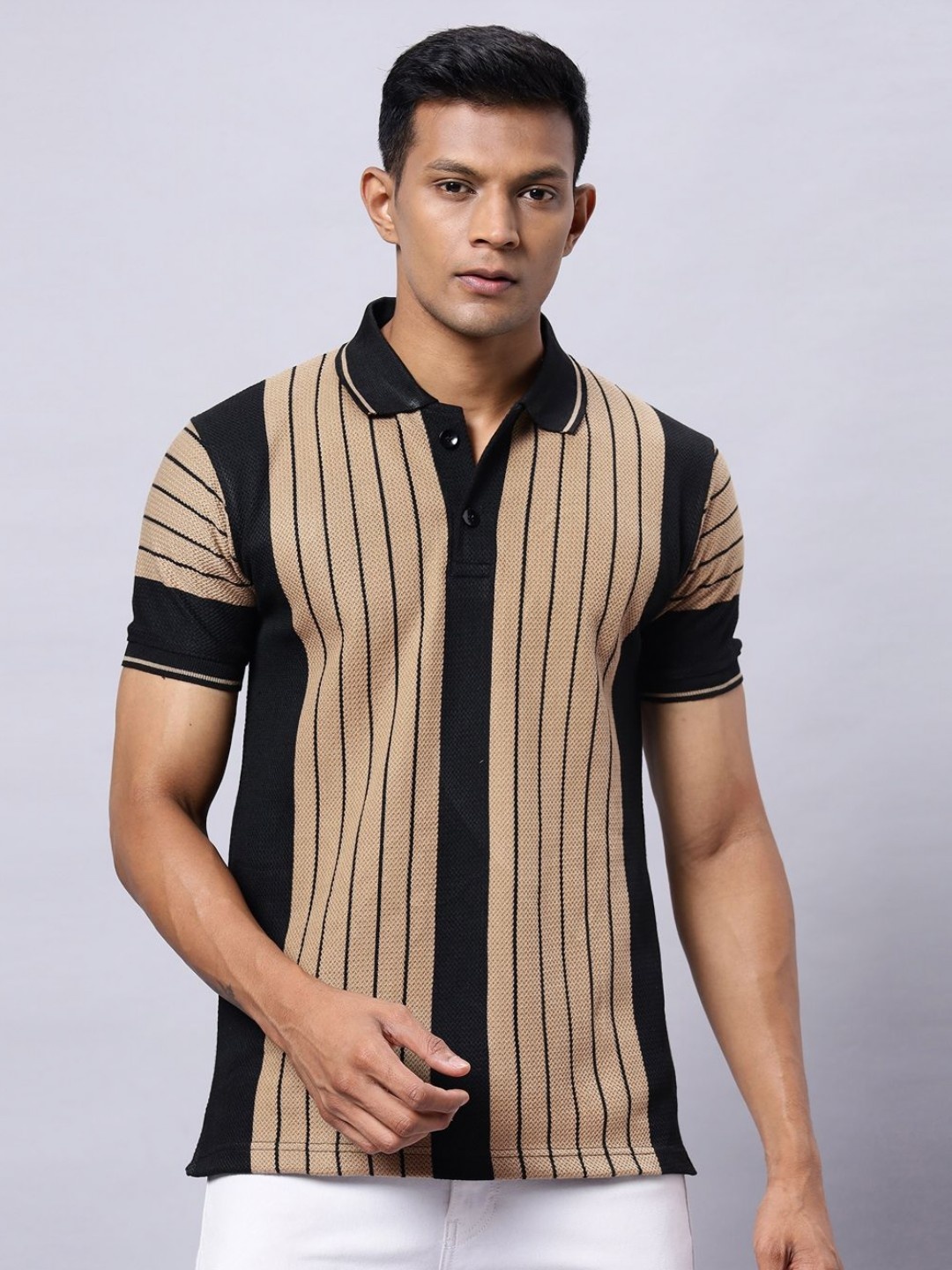 

N AND J Men Striped Polo Collar Cotton T-shirt, Khaki