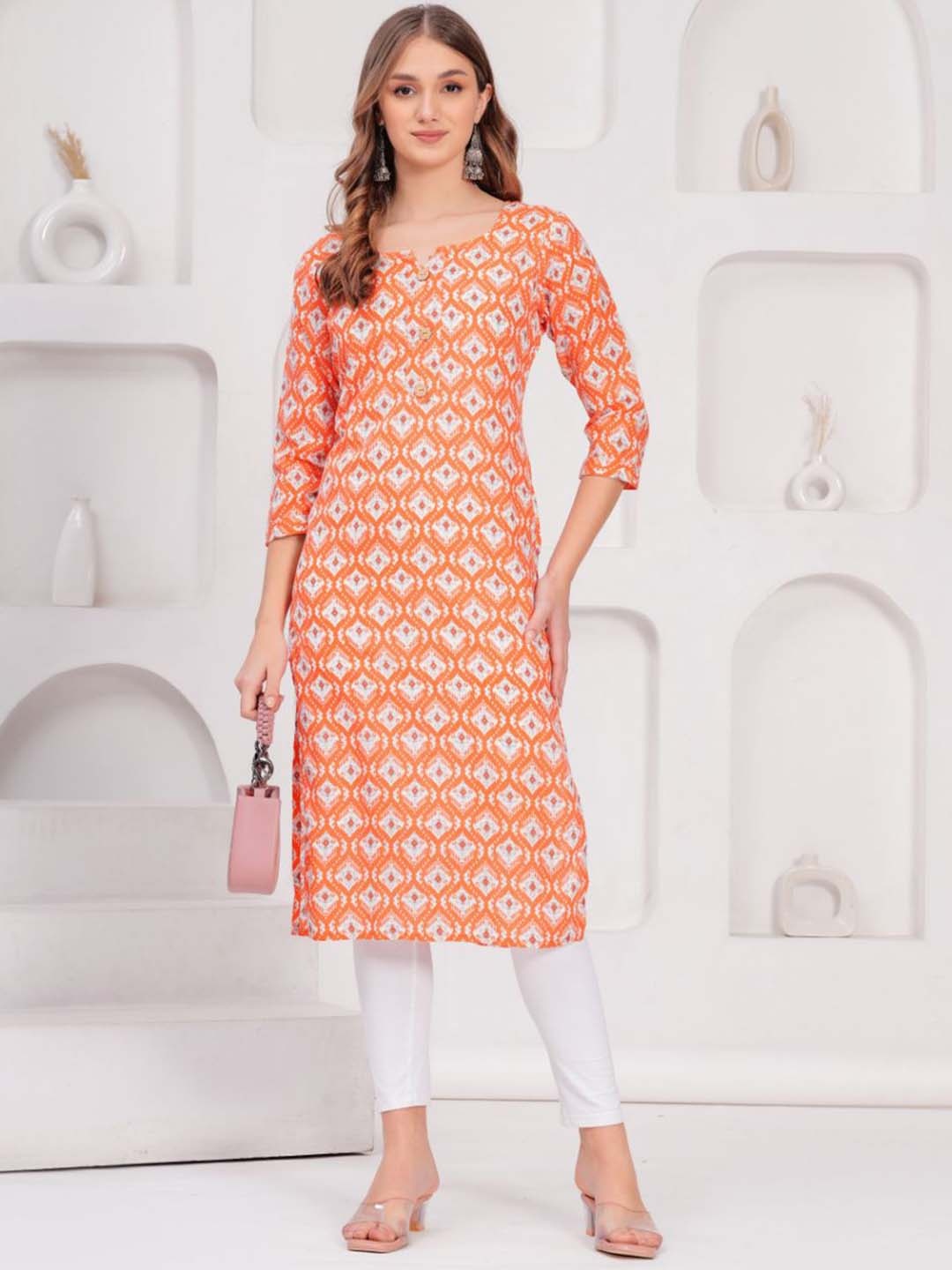 

HIGHLIGHT FASHION EXPORT Ethnic Motifs Printed Round Neck Straight Cotton Kurta, Orange