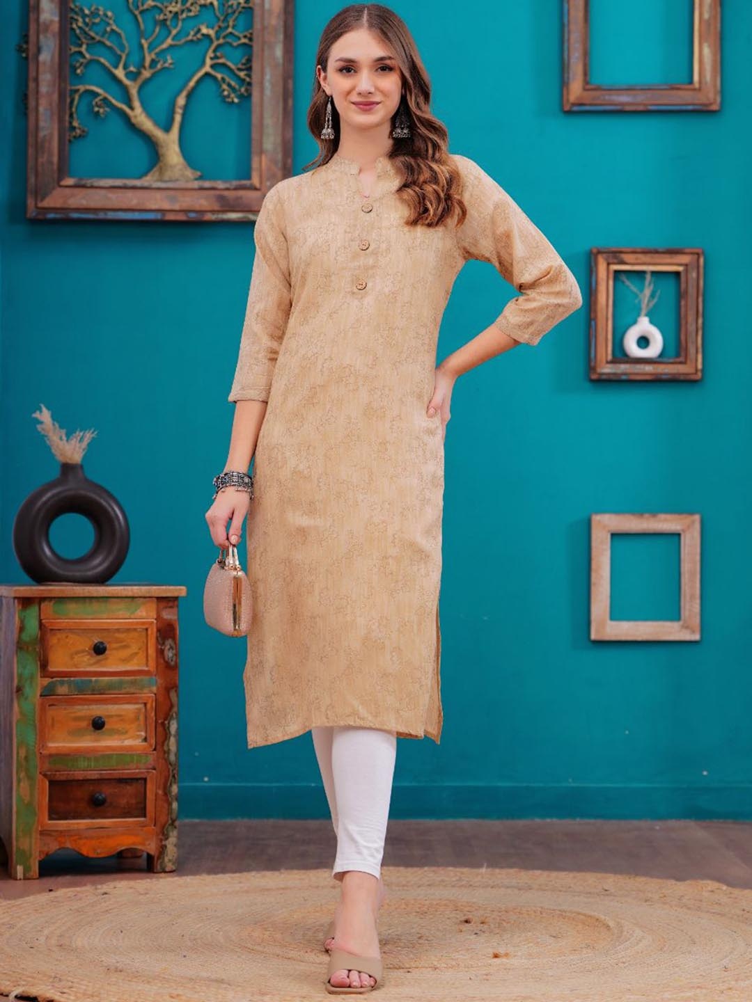 

HIGHLIGHT FASHION EXPORT Floral Printed Mandarin Collar Straight Cotton Kurta, Beige