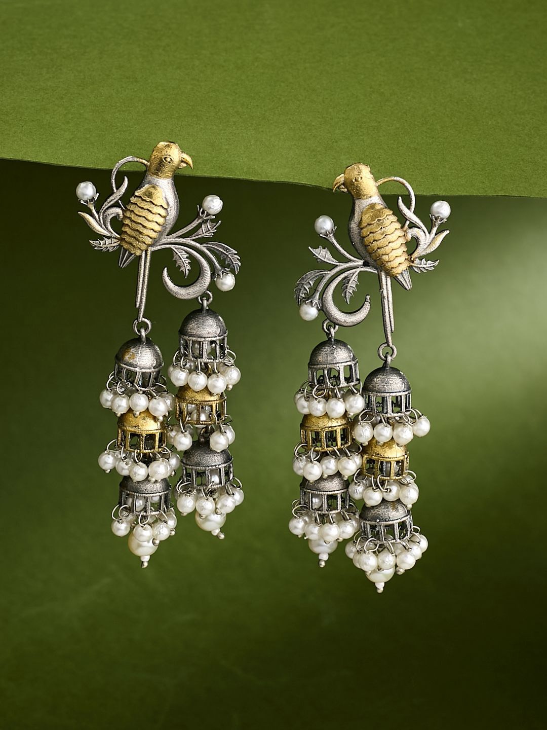 

ATIBELLE Silver-Plated Contemporary German Silver Stone Studded & Beaded Drop Earrings