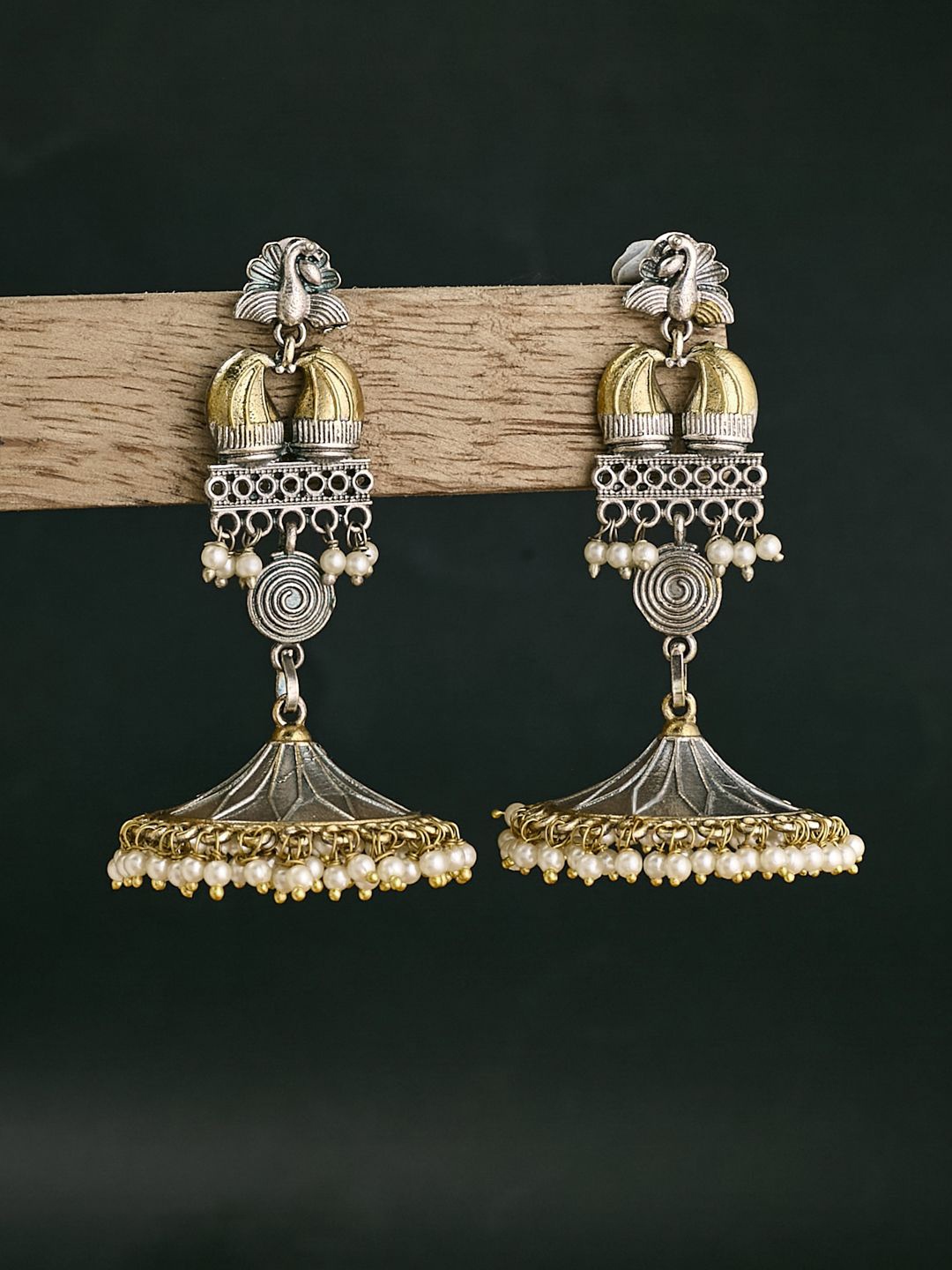 

ATIBELLE Silver-Plated Dome Shaped German Silver Stone Studded & Beaded Jhumkas