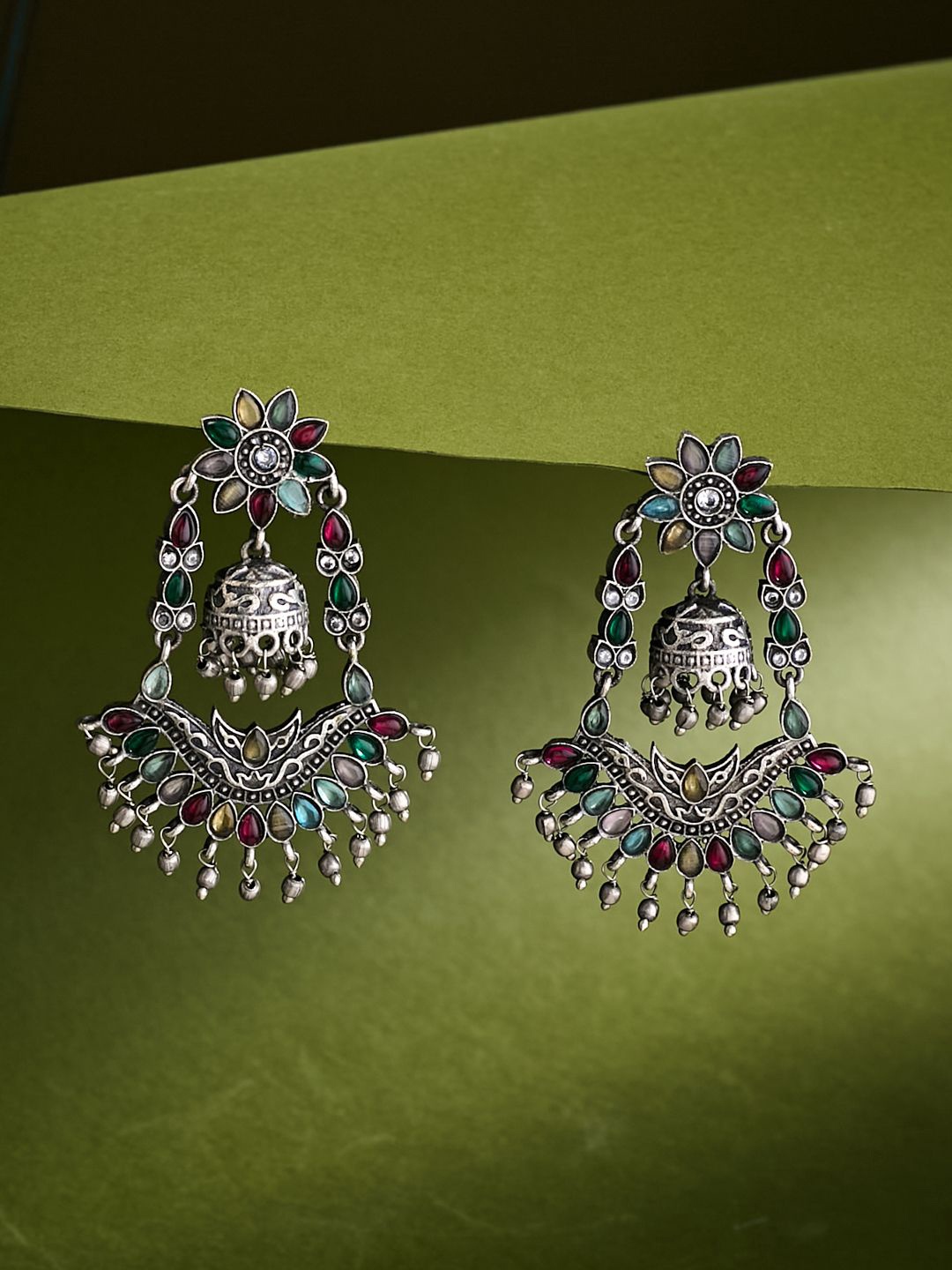 

ATIBELLE Silver-Plated German Silver Stone Studded & Beaded Oxidised Drop Earrings
