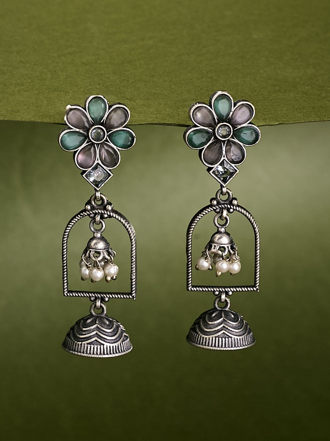 

ATIBELLE Silver-Plated Dome Shaped German Silver Stone Studded & Beaded Oxidised Jhumkas