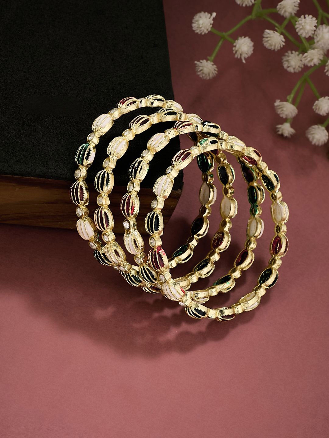 

ATIBELLE Set Of 4 Gold-Plated Stone Studded Bangles